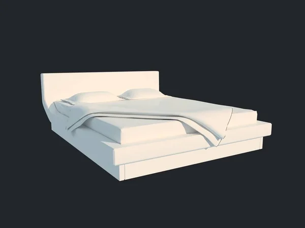 Representación 3d de una cama blanca aislada sobre un fondo negro oscuro — Foto de Stock