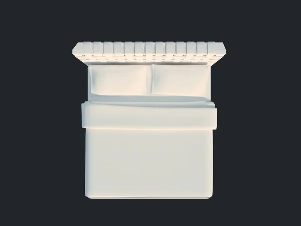 Representación 3d de una cama blanca aislada sobre un fondo negro oscuro — Foto de Stock