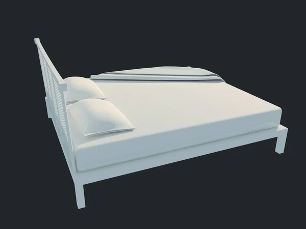 Representación 3d de una cama blanca aislada sobre un fondo negro oscuro — Foto de Stock