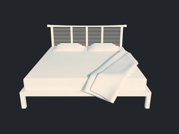 Representación 3d de una cama blanca aislada sobre un fondo negro oscuro — Foto de Stock