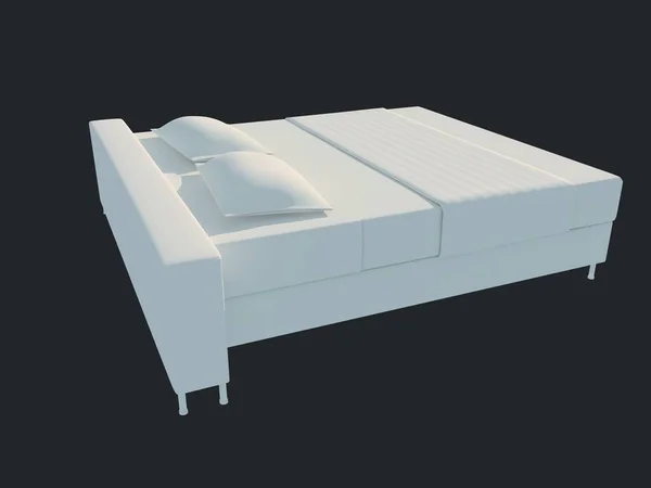 Renderização 3d de uma cama branca isolada em um fundo escuro preto — Fotografia de Stock