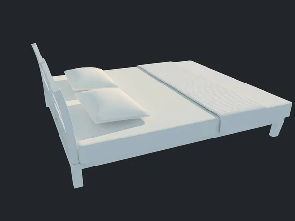 Representación 3d de una cama blanca aislada sobre un fondo negro oscuro — Foto de Stock