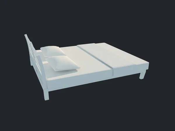 Representación 3d de una cama blanca aislada sobre un fondo negro oscuro —  Fotos de Stock