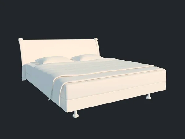 Representación 3d de una cama blanca aislada sobre un fondo negro oscuro — Foto de Stock