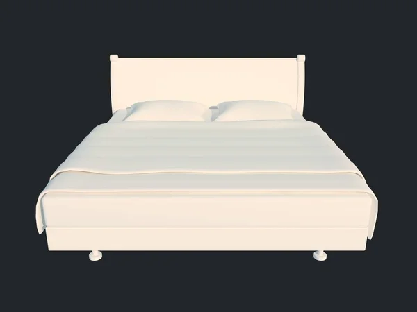 3D-Darstellung eines weißen Bettes isoliert auf schwarzem, dunklem Hintergrund — Stockfoto