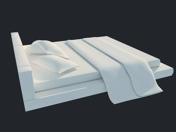 Rendering 3d di un letto bianco isolato su uno sfondo nero scuro — Foto Stock