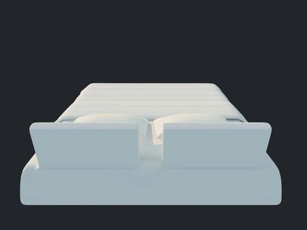 Rendering 3d di un letto bianco isolato su uno sfondo nero scuro — Foto Stock