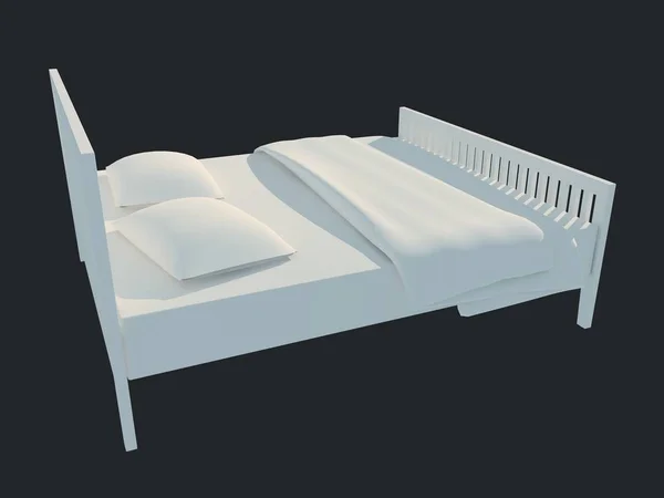 Renderização 3d de uma cama branca isolada em um fundo escuro preto — Fotografia de Stock