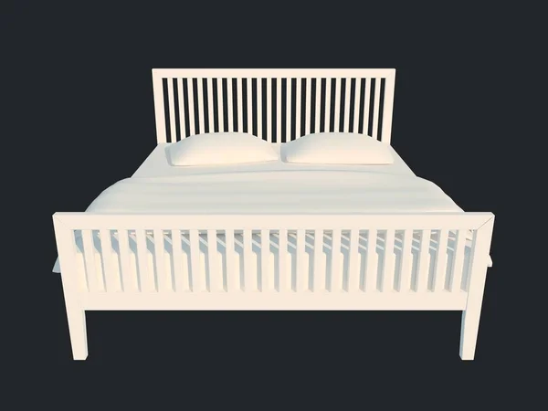 Representación 3d de una cama blanca aislada sobre un fondo negro oscuro — Foto de Stock