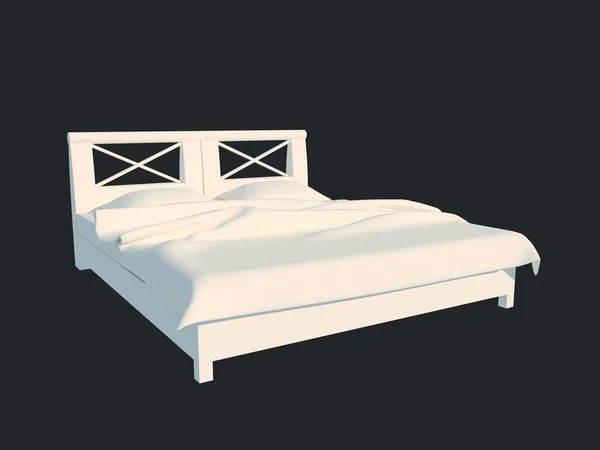 3D-weergave van een witte bed geïsoleerd op een zwarte donkere achtergrond — Stockfoto