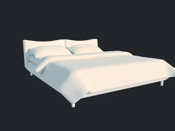 Representación 3d de una cama blanca aislada sobre un fondo negro oscuro — Foto de Stock