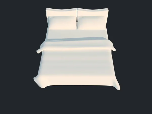 Representación 3d de una cama blanca aislada sobre un fondo negro oscuro — Foto de Stock