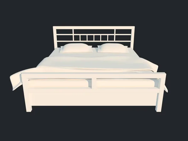 Representación 3d de una cama blanca aislada sobre un fondo negro oscuro — Foto de Stock