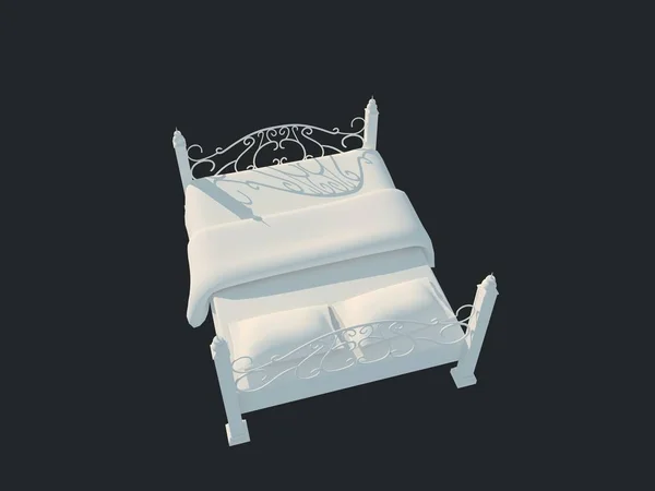 黒い暗い背景に分離された白いベッドの 3 d レンダリング — ストック写真