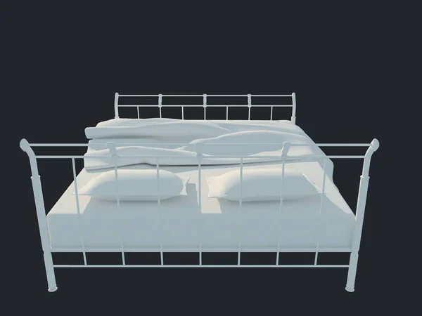 3D-weergave van een witte bed geïsoleerd op een zwarte donkere achtergrond — Stockfoto