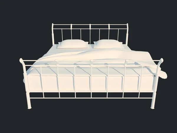 3D-Darstellung eines weißen Bettes isoliert auf schwarzem, dunklem Hintergrund — Stockfoto