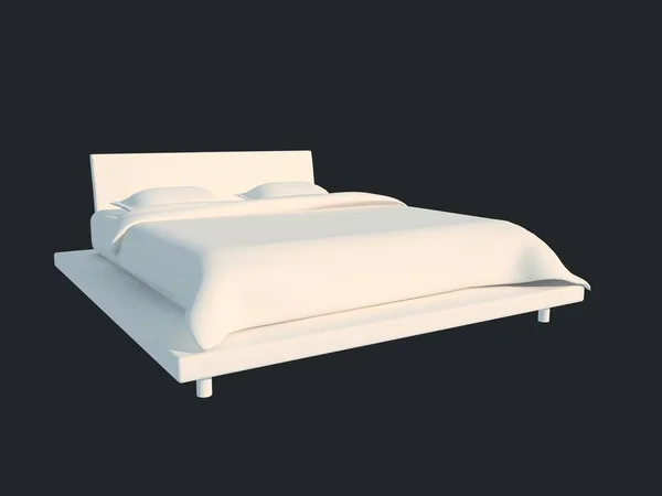 Representación 3d de una cama blanca aislada sobre un fondo negro oscuro — Foto de Stock