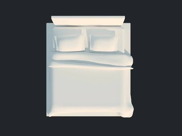 Rendering 3d di un letto bianco isolato su uno sfondo nero scuro — Foto Stock