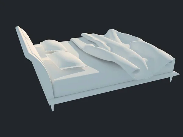 Rendering 3d di un letto bianco isolato su uno sfondo nero scuro — Foto Stock