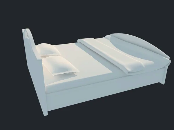 Representación 3d de una cama blanca aislada sobre un fondo negro oscuro —  Fotos de Stock