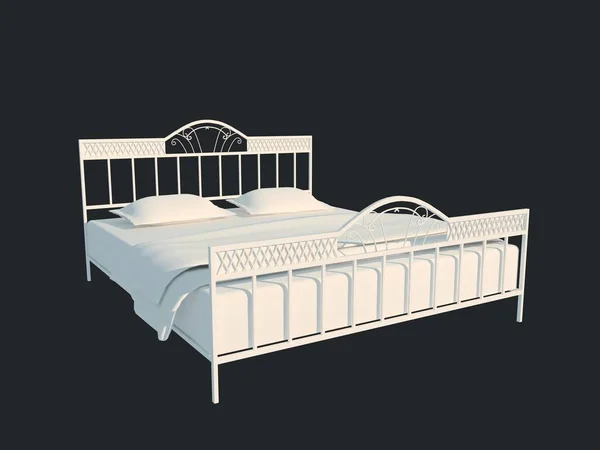 3D-weergave van een witte bed geïsoleerd op een zwarte donkere achtergrond — Stockfoto