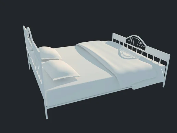 3D-weergave van een witte bed geïsoleerd op een zwarte donkere achtergrond — Stockfoto