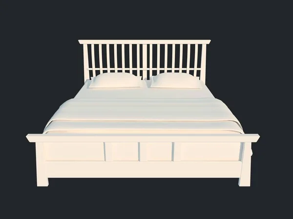 3D рендеринг белой кровати на черном темном фоне — стоковое фото