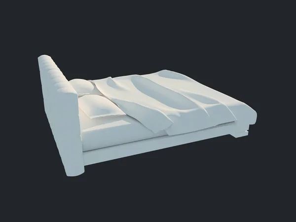 Representación 3d de una cama blanca aislada sobre un fondo negro oscuro — Foto de Stock