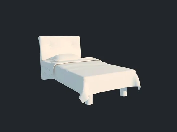 Renderização 3d de uma cama branca isolada em um fundo escuro preto — Fotografia de Stock