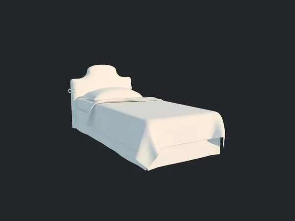 Rendering 3d di un letto bianco isolato su uno sfondo nero scuro — Foto Stock