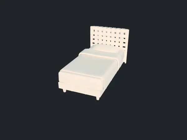 Rendering 3d di un letto bianco isolato su uno sfondo nero scuro — Foto Stock