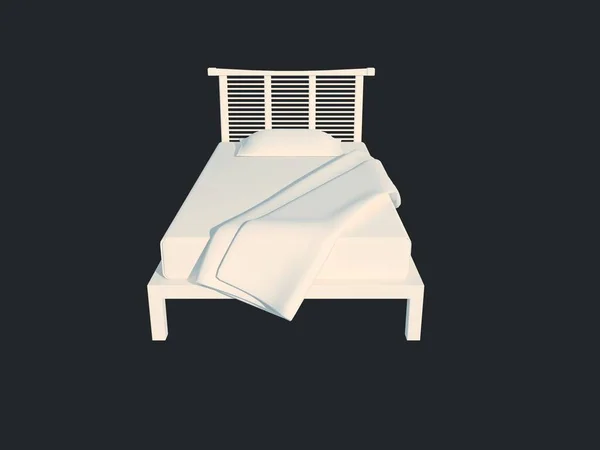 3D візуалізація білого ліжка ізольовано на чорному темному фоні — стокове фото