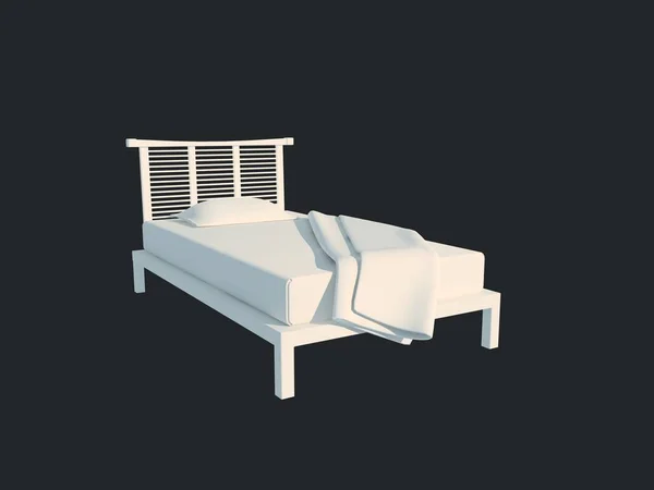 Representación 3d de una cama blanca aislada sobre un fondo negro oscuro — Foto de Stock