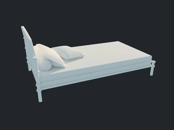 Representación 3d de una cama blanca aislada sobre un fondo negro oscuro — Foto de Stock