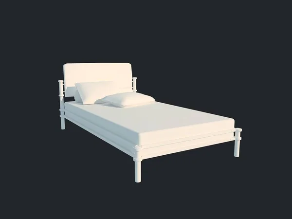 Renderização 3d de uma cama branca isolada em um fundo escuro preto — Fotografia de Stock