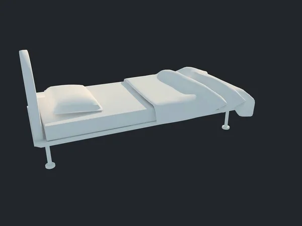 Representación 3d de una cama blanca aislada sobre un fondo negro oscuro — Foto de Stock