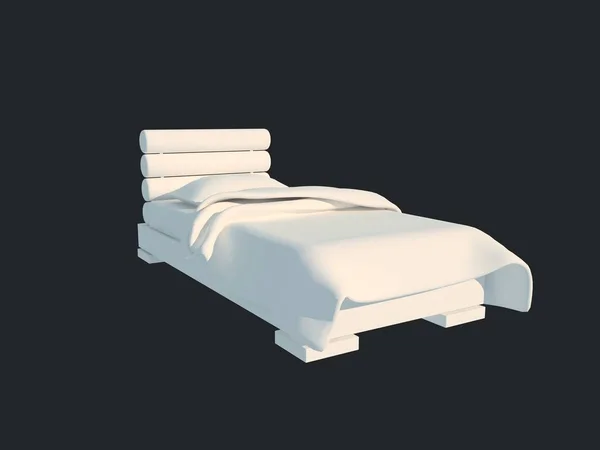 Rendering 3d di un letto bianco isolato su uno sfondo nero scuro — Foto Stock