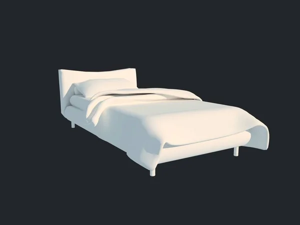 Renderização 3d de uma cama branca isolada em um fundo escuro preto — Fotografia de Stock