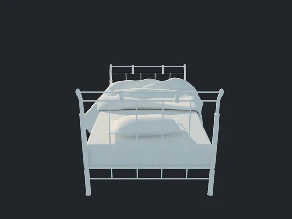 Rendering 3d di un letto bianco isolato su uno sfondo nero scuro — Foto Stock