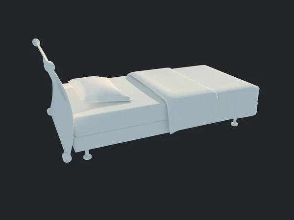 Representación 3d de una cama blanca aislada sobre un fondo negro oscuro — Foto de Stock