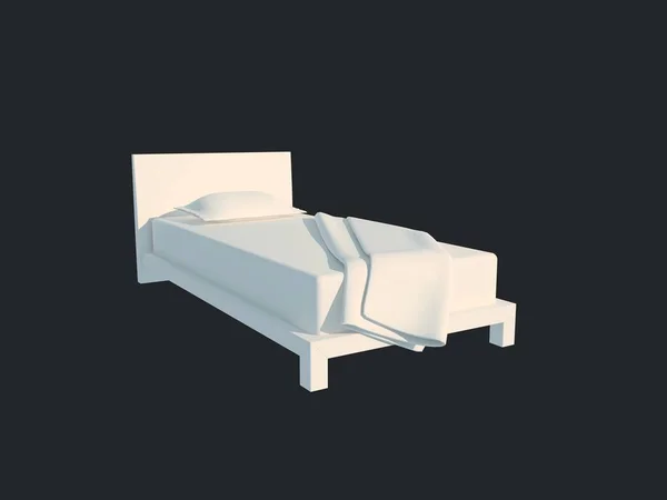 Representación 3d de una cama blanca aislada sobre un fondo negro oscuro — Foto de Stock