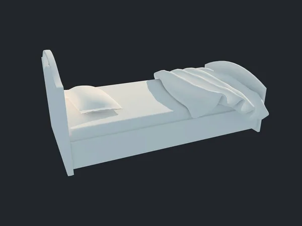 Rendering 3d di un letto bianco isolato su uno sfondo nero scuro — Foto Stock