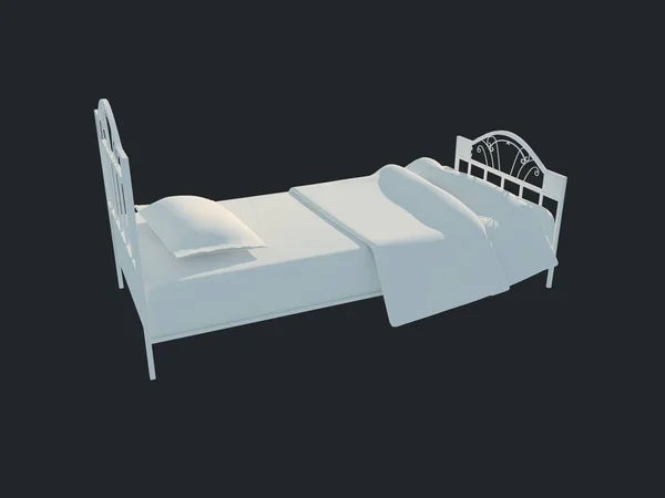 3D-weergave van een witte bed geïsoleerd op een zwarte donkere achtergrond — Stockfoto