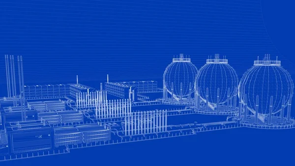 3D-weergave van een blauwdruk industriële stad met gedetailleerde object — Stockfoto