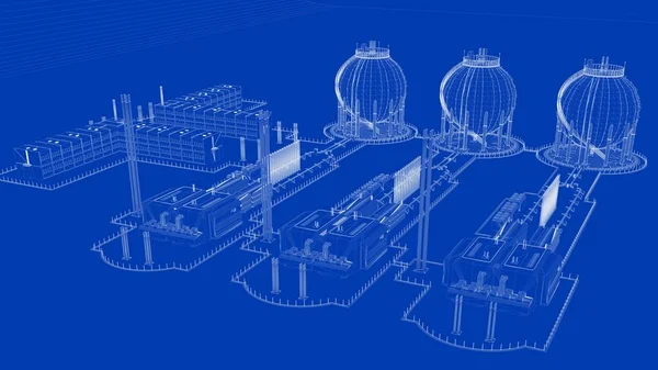 3D-weergave van een blauwdruk industriële stad met gedetailleerde object — Stockfoto