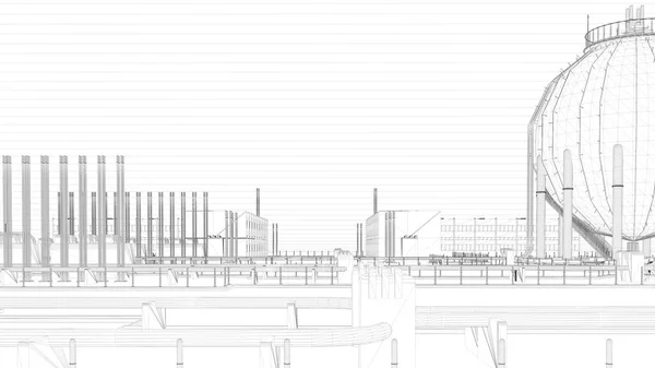 3D-weergave van een blauwdruk industriële stad met gedetailleerde object — Stockfoto