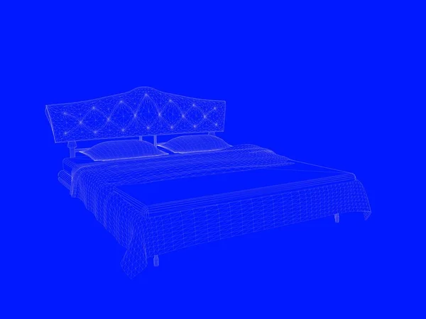 Rendering 3d dari cetak biru tempat tidur sebagai garis di latar belakang biru — Stok Foto