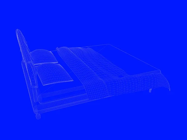 Representación 3d de un modelo de cama como líneas sobre un fondo azul — Foto de Stock