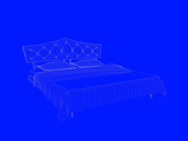 Representación 3d de un modelo de cama como líneas sobre un fondo azul —  Fotos de Stock