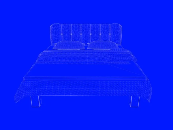 Representación 3d de un modelo de cama como líneas sobre un fondo azul — Foto de Stock